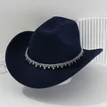 Cappello da cowboy in feltro blu navy con frange decorative in strass lucidi - M（56-58cm） / Blu navy