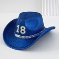 Sombrero de vaquero azul con lentejuelas, número 18 de perlas y tachuelas - M (56-58cm) / Azul zafiro