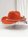 Bright orange women's fashion hat with pearl trim and sparkling rhinestone fringe decoration - M (56-58cm) / Burned Orange