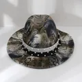 Detailed view of unisex graffiti print fedora hat featuring pearl and rhinestone band - M (56-58cm) / Black