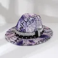 Detail of tie-dye fedora hat featuring letter prints and a pearl rhinestone band. - M (56-58cm) / Purple
