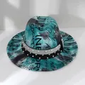 Close-up detail of the marbled turquoise fedora hat with pearl and rhinestone band - M (56-58cm) / Dark Green