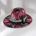 Detailed view of red graffiti print fedora hat with elegant pearl and rhinestone bands - M (56-58cm) / Burgundy