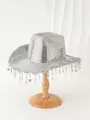 Shiny silver sequin cowboy hat detail with star tassels and wide brim for parties - M (56-58cm) / Silver