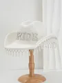 Close-up of white wool cowboy hat with rhinestone 'BRIDE' and pearl fringe decor - M (56-58cm) / White with White Pearl BRIDE Uppercase