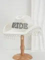 Détail d'un chapeau de cowboy blanc avec inscription BRIDE en strass et franges de perles. - M (56-58cm) / Blanc avec Strass Colorés BRIDE Bordure Noire