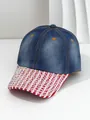 Close-up detail of a blue denim baseball cap featuring a shiny iridescent rhinestone brim - M (56-58cm) / Blue