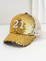 Close-up of gold sequin baseball cap with pearl number 21 and mesh back - M (56-58cm) / Gold