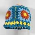 Handmade crochet floral bucket hat for women with vibrant multi-color patchwork knit design - M (56-58cm) / Blue