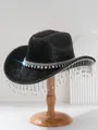 Macro view of black sparkling cowboy hat featuring shimmering rhinestone fringe and gem band - M (56-58cm) / Black