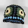Women's colorful crocheted flower bucket hat with sunflower pattern for outdoor fashion - M (56-58cm) / Black