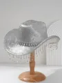 Close-up of sparkling silver cowboy hat with crystal fringe and rhinestone band - M (56-58cm) / Silver