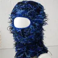 Detailed view of the blue and black shaggy distressed knit texture of this ski mask - M (56-58cm) / Blue