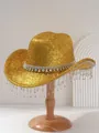 Detail view of gold glitter cowboy hat with rhinestone tassels for music festivals - M (56-58cm) / Gold
