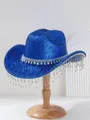 Sparkly blue cowboy hat with rhinestone fringe on wooden stand - M (56-58cm) / Sapphire Blue