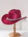 Detailed view showing the shiny magenta fabric and rhinestone fringe of the cowboy hat - M (56-58cm) / Rose Red