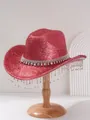Detail of pink glitter cowboy hat featuring rhinestone fringe and gem embellished band - M (56-58cm) / Pink