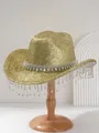 Detailed view of a shiny gold Y2K cowboy hat featuring rhinestone fringe tassels - M (56-58cm) / Light gold