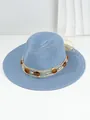 Detail view of blue woven straw hat with amber gemstone and netted rope band. - M (56-58cm) / Haze Blue