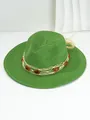 Detailed view of a green Panama straw hat with amber gemstone bead band decoration. - M (56-58cm) / Mint Green