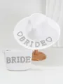White straw beach hat and matching pouch set with rhinestone BRIDE lettering - M (56-58cm) / White Rhinestone BRIDE Letter Style / 1 Hat and 1 Bag