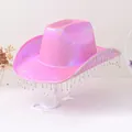 Pink holographic western cowboy hat featuring sparkling rhinestone fringe and tassels - M (56-58cm) / Bright Pink