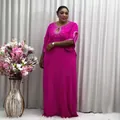 Elegant African plus size fuchsia kaftan dress with rhinestone detailing on neckline. - 2XL / Dresses / Rose Red