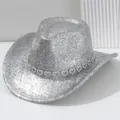 Silberner Glitzer Cowboyhut mit Herz-Strassband für den Y2K Musikfestival-Look - M (56-58cm) / Silber