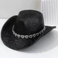 Schwarzer Glitzer-Cowboyhut mit Herz-Strassband für Y2K-Musikfestivals und Partys - M (56-58cm) / Schwarz
