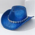 Blauer Glitzer-Cowboyhut mit silbernem Herz-Strassband für trendige Y2K-Partys - M (56-58cm) / Saphirblau