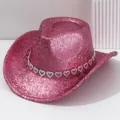 Rosa glitzernder Y2K Cowboyhut mit funkelndem Herz-Strassband für Musikfestivals - M (56-58cm) / Rosa