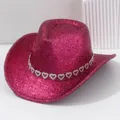 Cappello da cowboy fucsia glitterato con fascia di strass a cuore per feste Y2K - M（56-58cm） / Rosso rosa