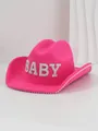 Vibrant pink wool cowboy hat featuring BABY rhinestone letters and elegant pearl trim decoration - M (56-58cm) / Hot Pink with BABY