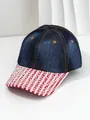 Detailed view showing sparkling iridescent rhinestones on a blue denim baseball cap brim. - M (56-58cm) / Dark Blue