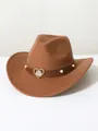 Detail of a brown wool felt cowboy hat with heart-shaped rhinestone buckle and pearls - Camel
