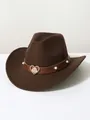 Close-up of brown wool western cowboy hat with heart rhinestone and pearl decoration - Brown