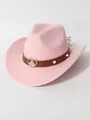 Detail of pink western cowboy hat featuring heart rhinestone ornament and pearl studs. - M (56-58cm) / Pink