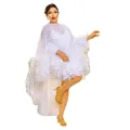 Detail of white African fashion dress with sheer mesh and tiered feather accents - One Size / Set / White