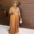 Elegant gold pleated evening dress with deep V-neck and shimmering sequin bodice details - L / Dresses / Orange