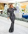 Long sleeve black evening gown with silver sequin scalloped patterns and fishtail hem - XL / Dresses / Silver