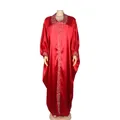 Elegant red African BUBU robe dress featuring a V-neck and sparkling rhinestone beadwork - One Size / Dresses / Red