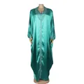 Elegant teal satin African Bubu maxi dress with V-neck and rhinestone bead detailing - One Size / Dresses / Emerald