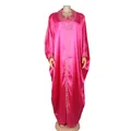 Elegant hot pink African BUBU robe featuring V-neck and intricate rhinestone pearl embellishments - One Size / Dresses / Rose Red