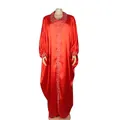 Red African Bubu maxi dress with V-neck, batwing sleeves and silver rhinestone detailing - One Size / Dresses / Orange Red