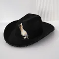 Close-up of women's black Western cowboy hat featuring a sequined cat motif and pearl brim detail - M (56-58cm) / Black