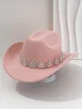 Vue détaillée d'un chapeau de cowboy rose orné de couronnes en strass brillants - M (56-58cm) / Rose Lotus
