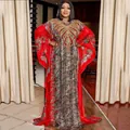 Detailed full-length view of African kaftan dress with red leopard print and rhinestones - One Size / Dresses / Red