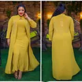 Front and back views of a mustard yellow African 2-piece dress set with rhinestones - Top And Bottom / Yellow