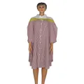 Full view of loose striped shirt dress with color block panels on mannequin - One Size / Dresses / Burgundy