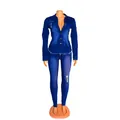 Detailed view of dark blue washed denim two-piece set with distressed rip design - L / Blue Top And Bottom (095)